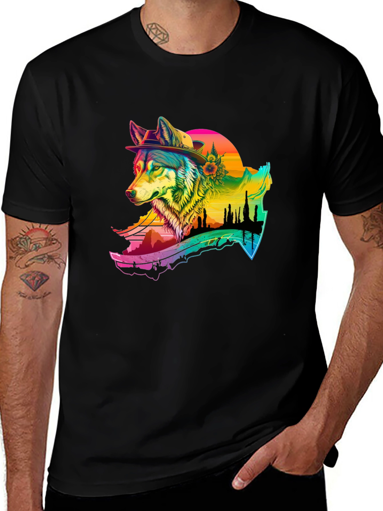 Wolf Graphic Black T-Shirt - Colorful Design