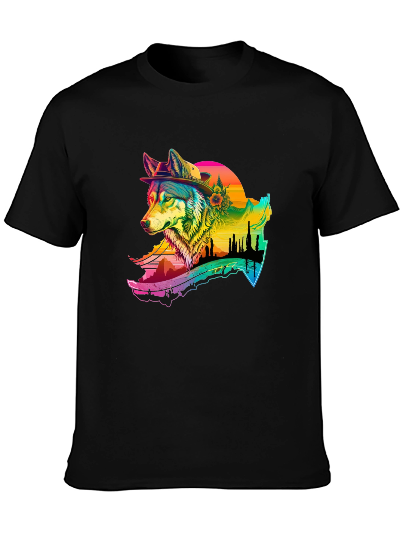 Wolf Graphic Black T-Shirt - Colorful Design