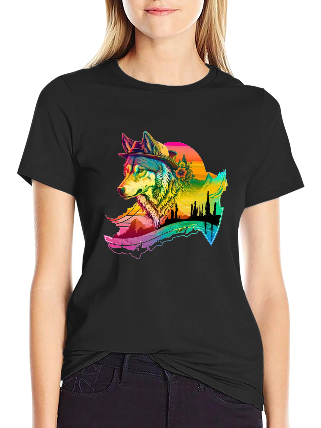 Wolf Graphic Black T-Shirt - Colorful Design