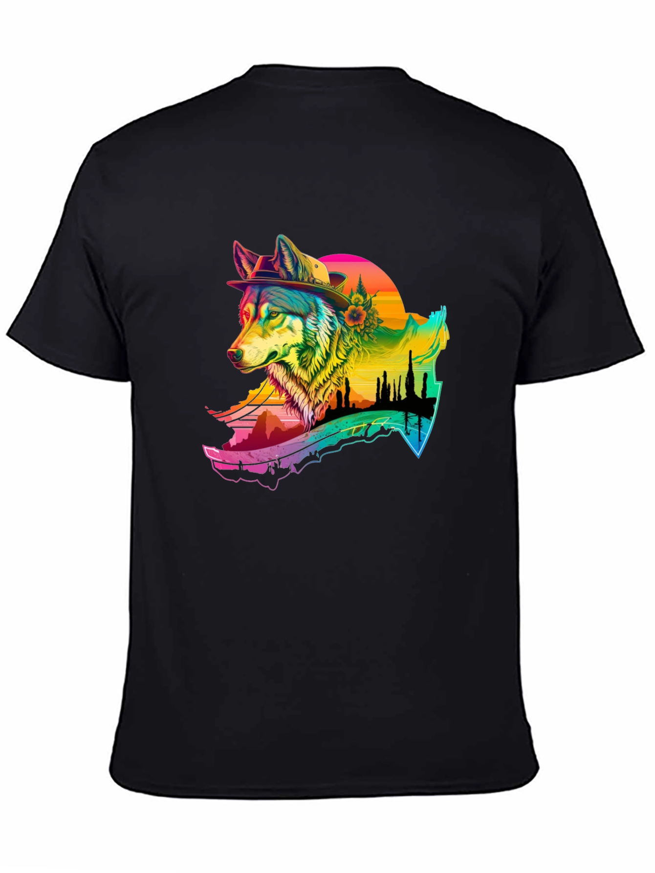 Wolf Graphic Black T-Shirt - Colorful Design