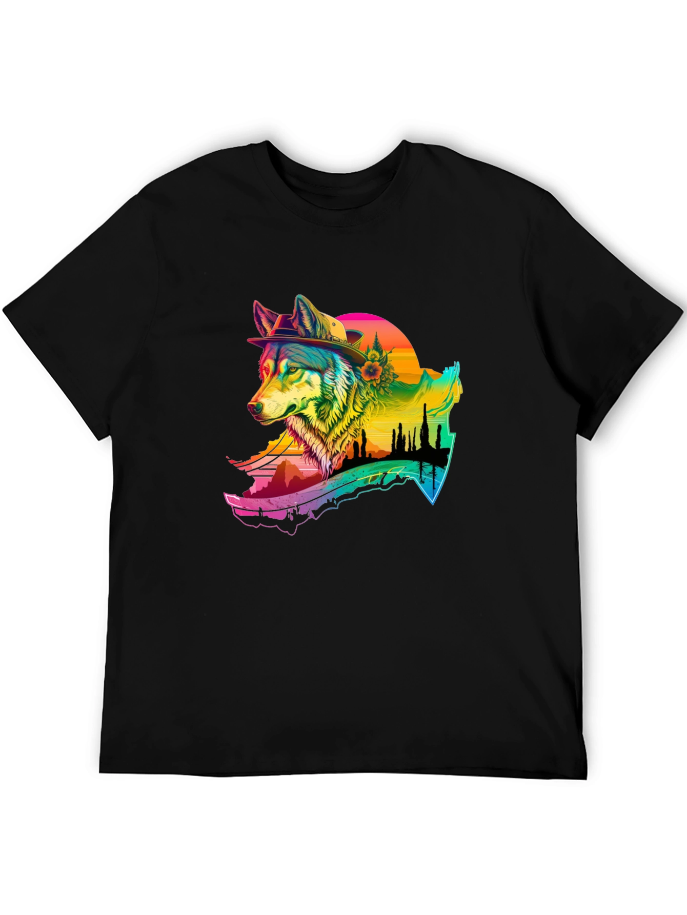 Wolf Graphic Black T-Shirt - Colorful Design