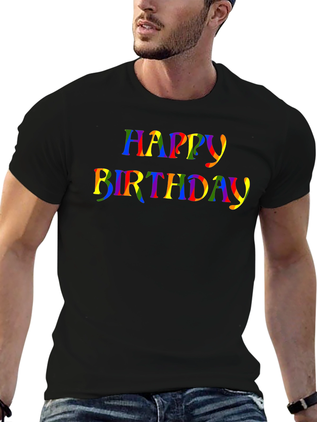 Rainbow Happy Birthday Graphic Black T-Shirt