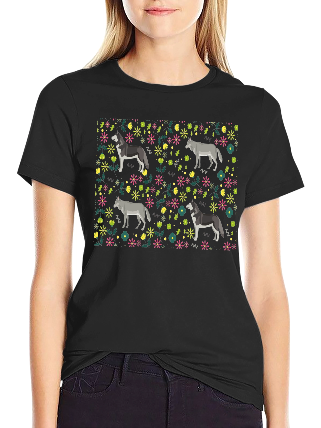 Wolf Floral Pattern T-Shirt