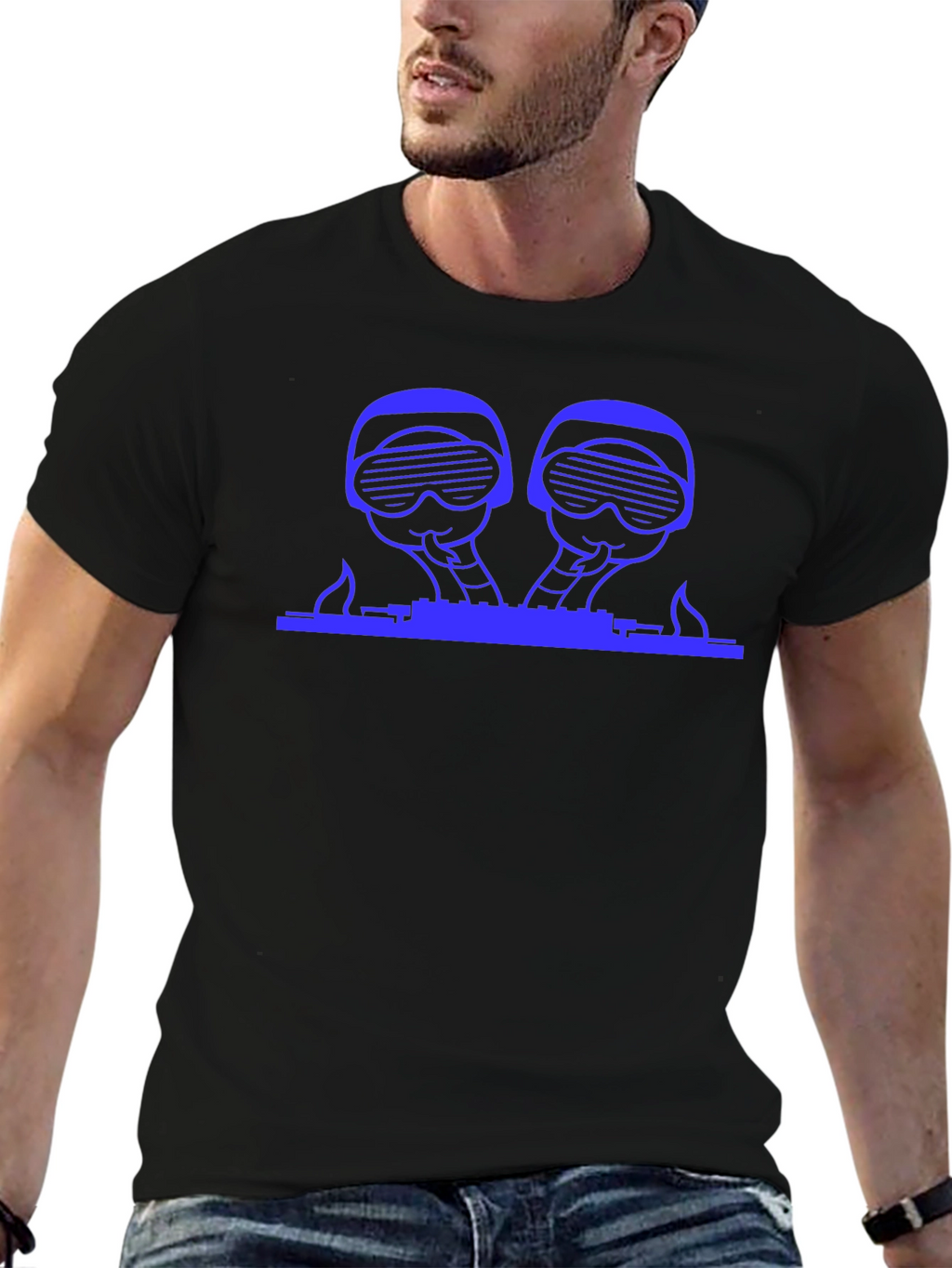 Blue Graphic DJ T-Shirt - Black Crew Neck Tee