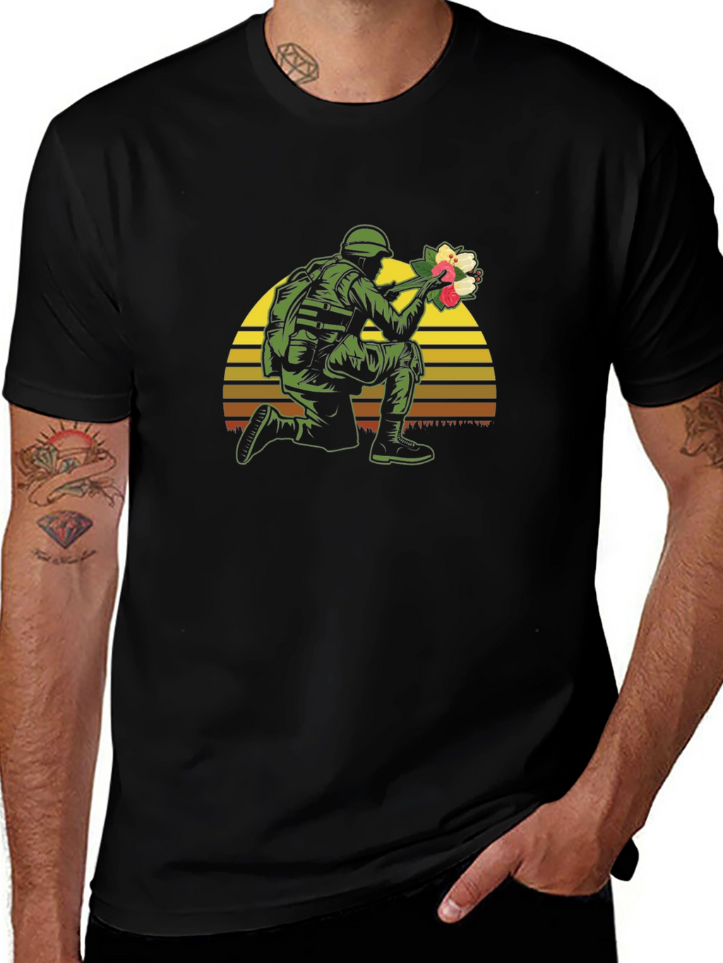 Soldier Holding Flowers Graphic T-Shirt