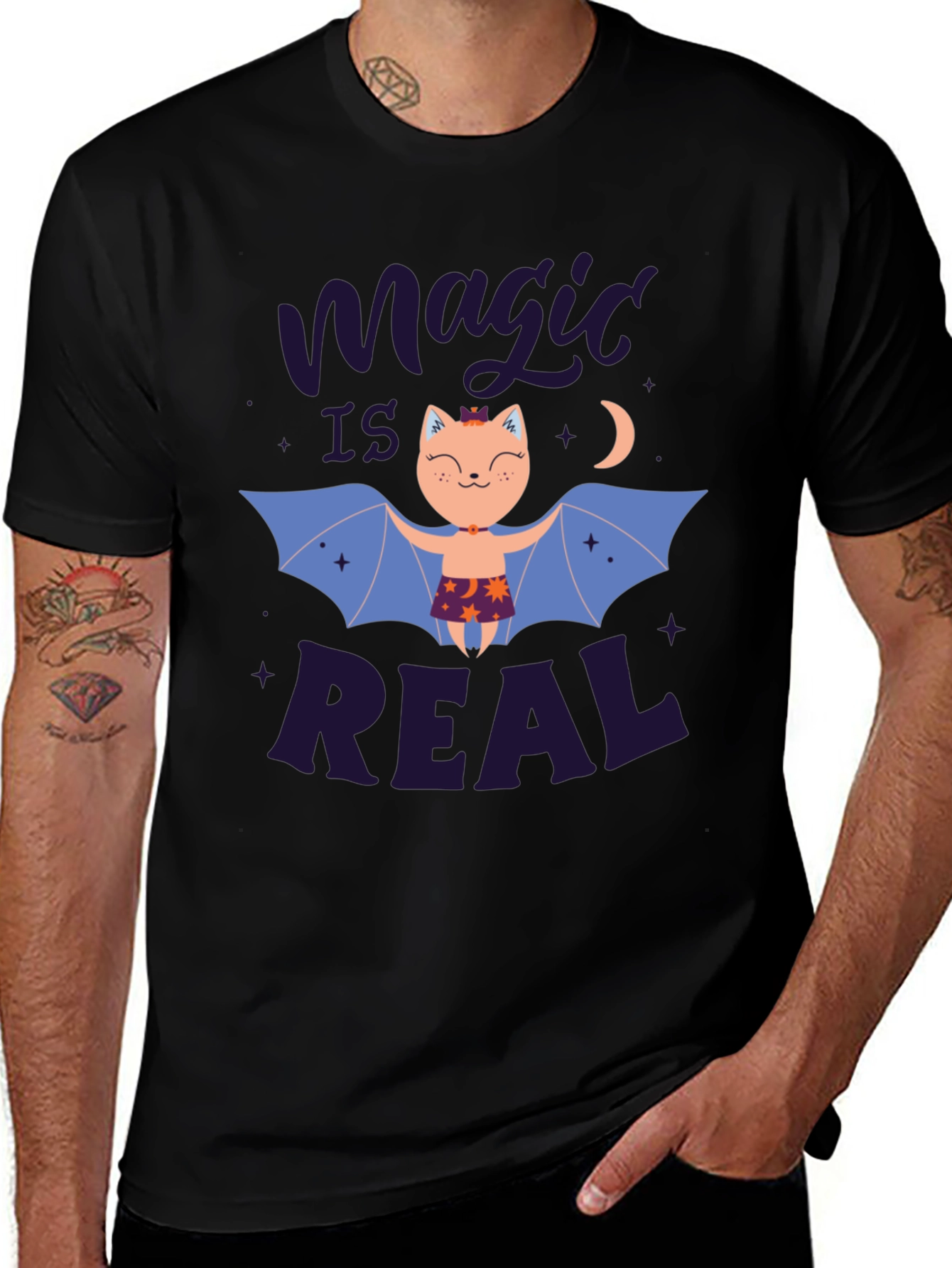 Magic is Real Bat Cat Black T-Shirt