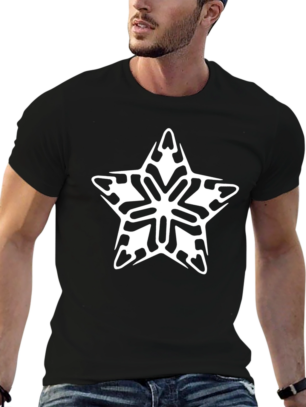 Stylish Black Tee with Star Snowflake Graphic