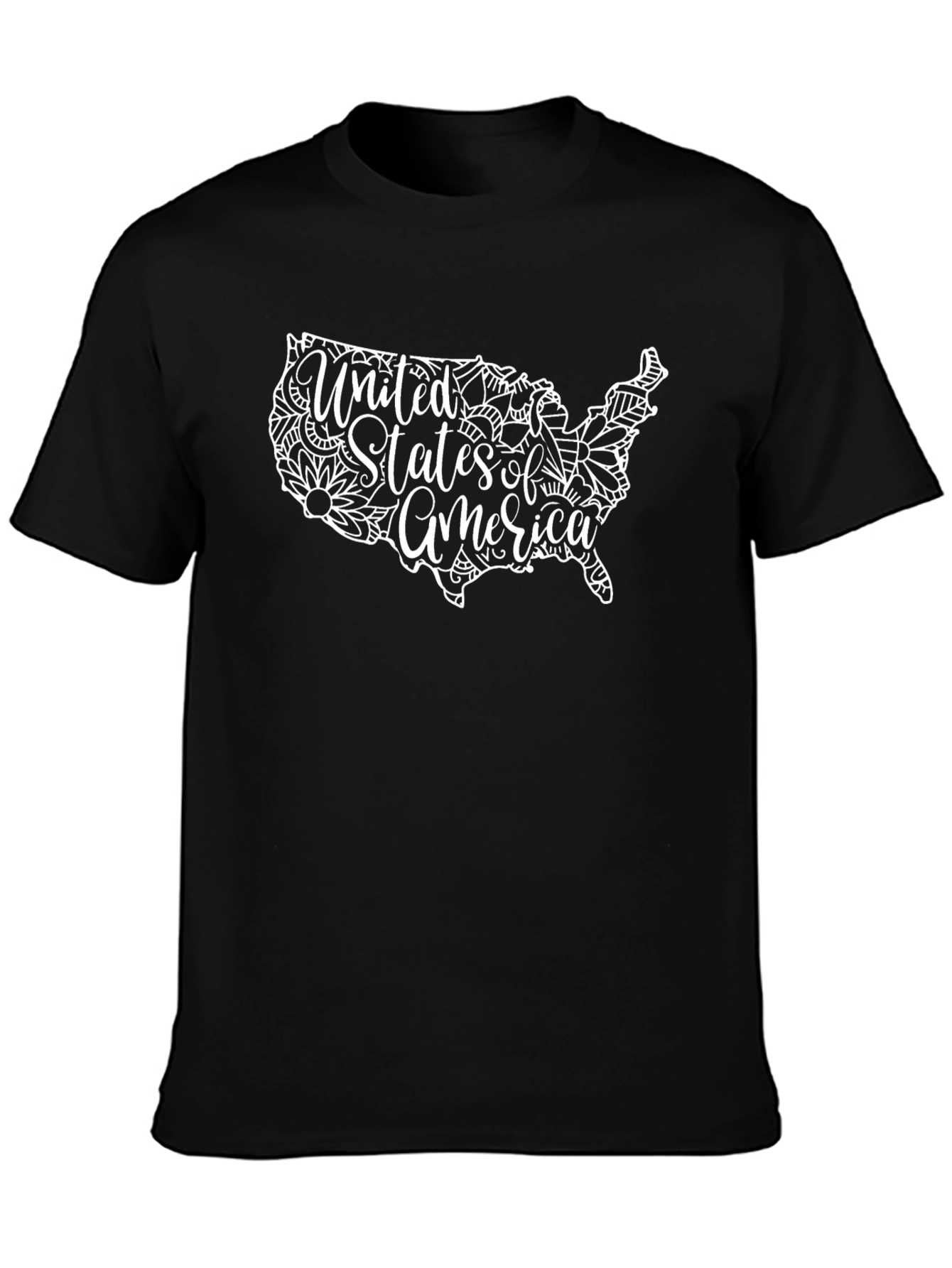 USA Floral Map Graphic Tee - Black Cotton Casual Shirt