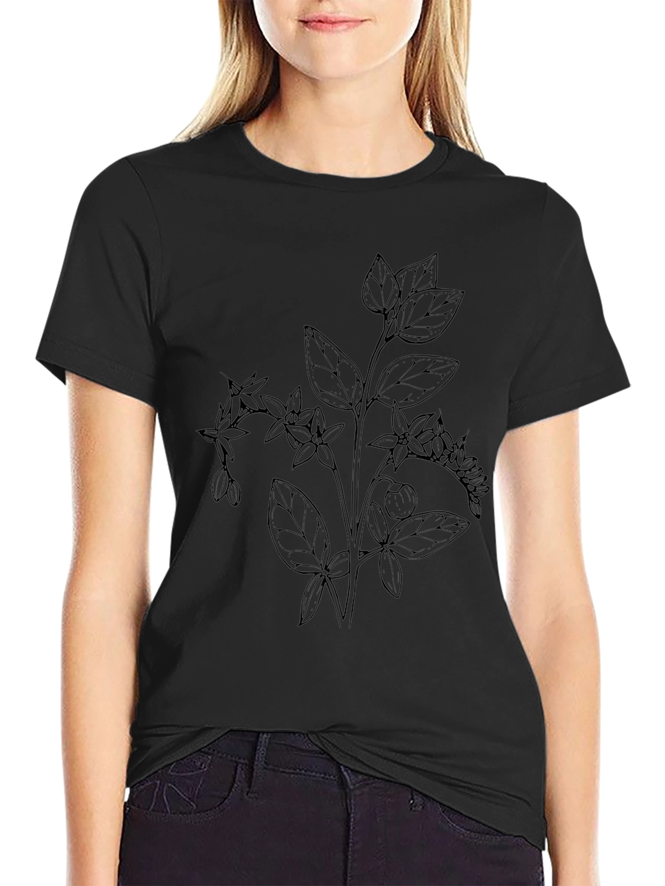 Botanical Line Art Black T-Shirt