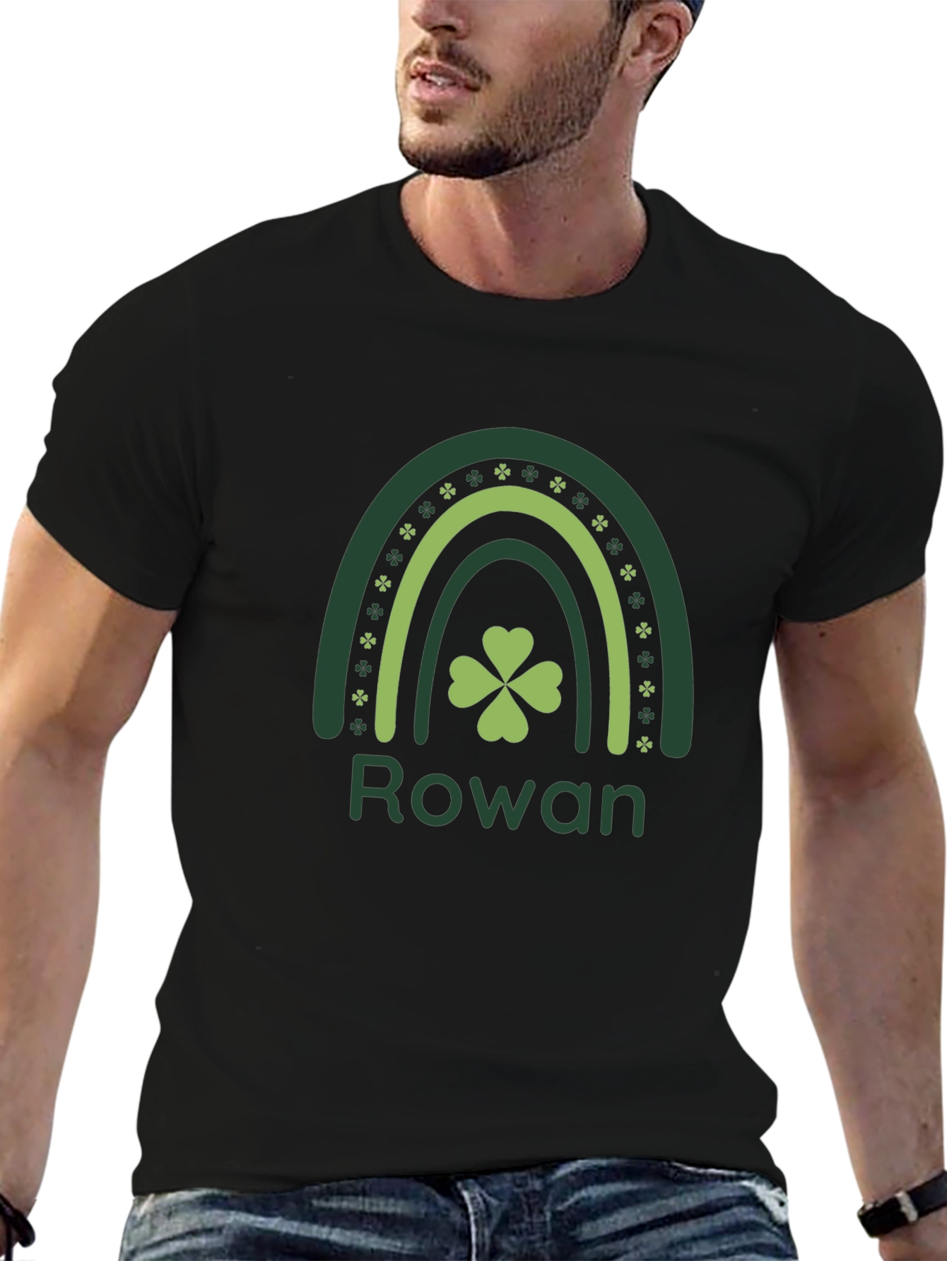 Rowan St. Patricks Day Shamrock Rainbow Black T-Shirt