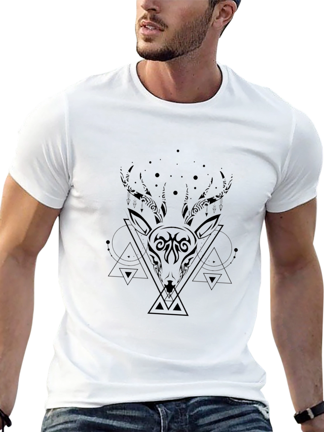 Geometric Deer Graphic Black T-Shirt